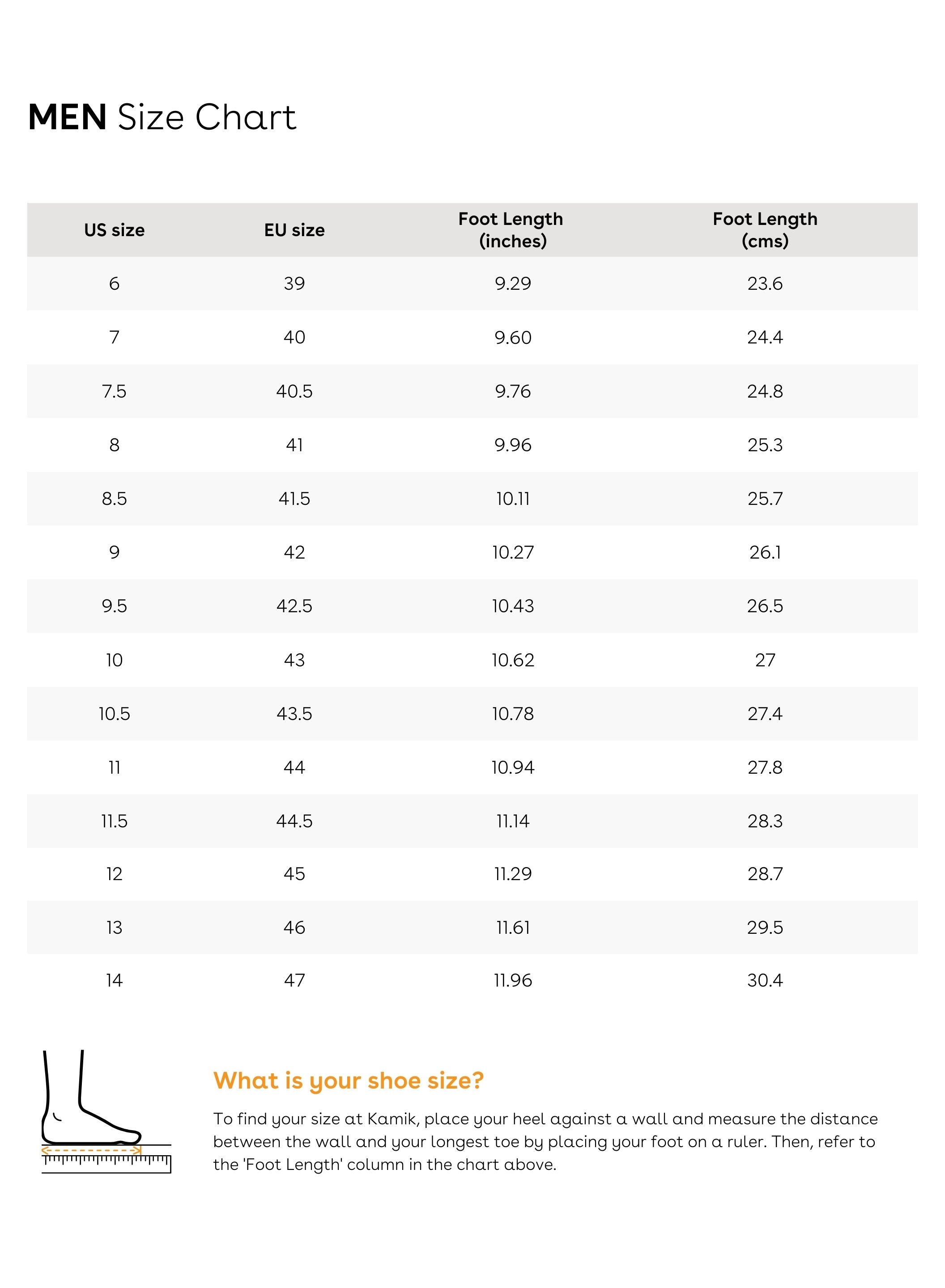 Sizing chart for SOLSTICE - Men