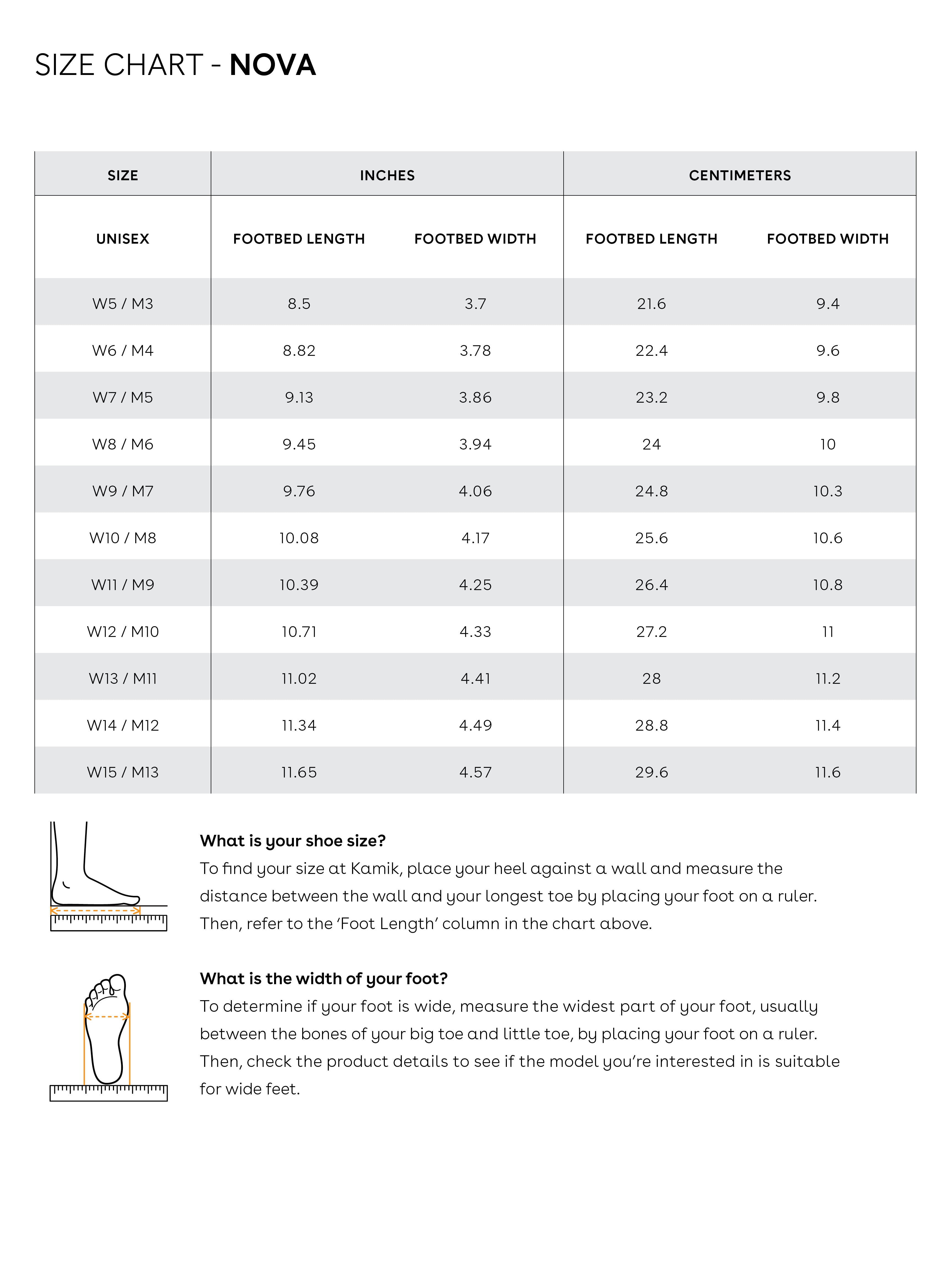 Sizing chart for Nova