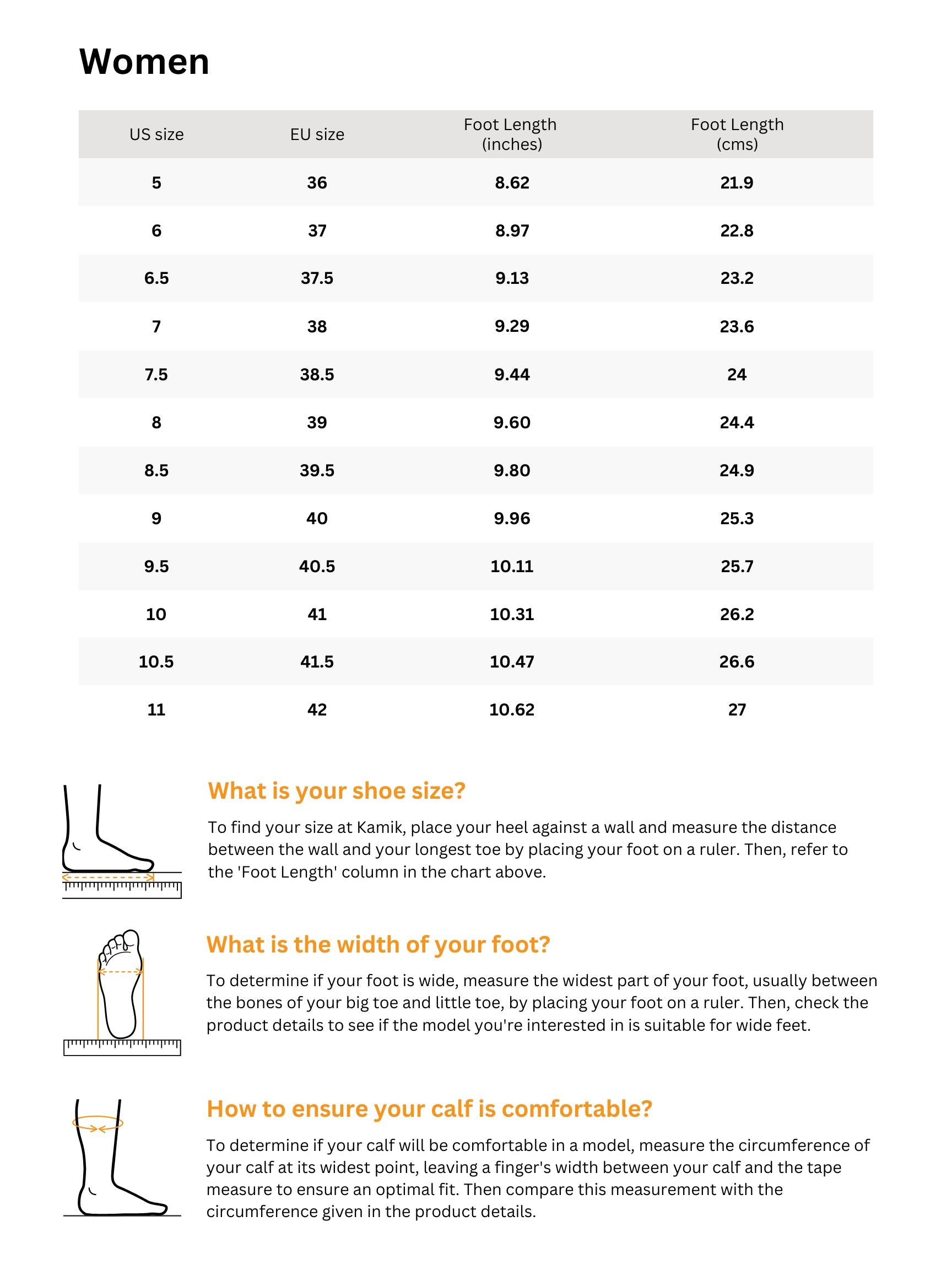 Sizing chart for JENNIFER