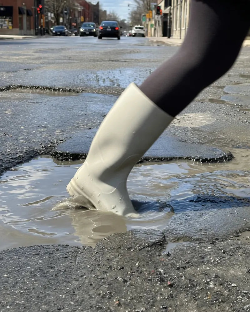 Woman walking through a puddle wearing Kamik Miranda rain boots